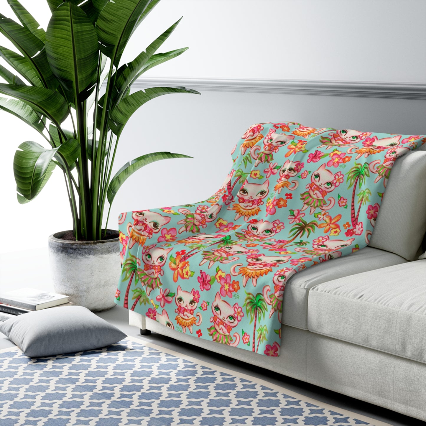 Hula Kitties Aqua • Sherpa Fleece Blanket