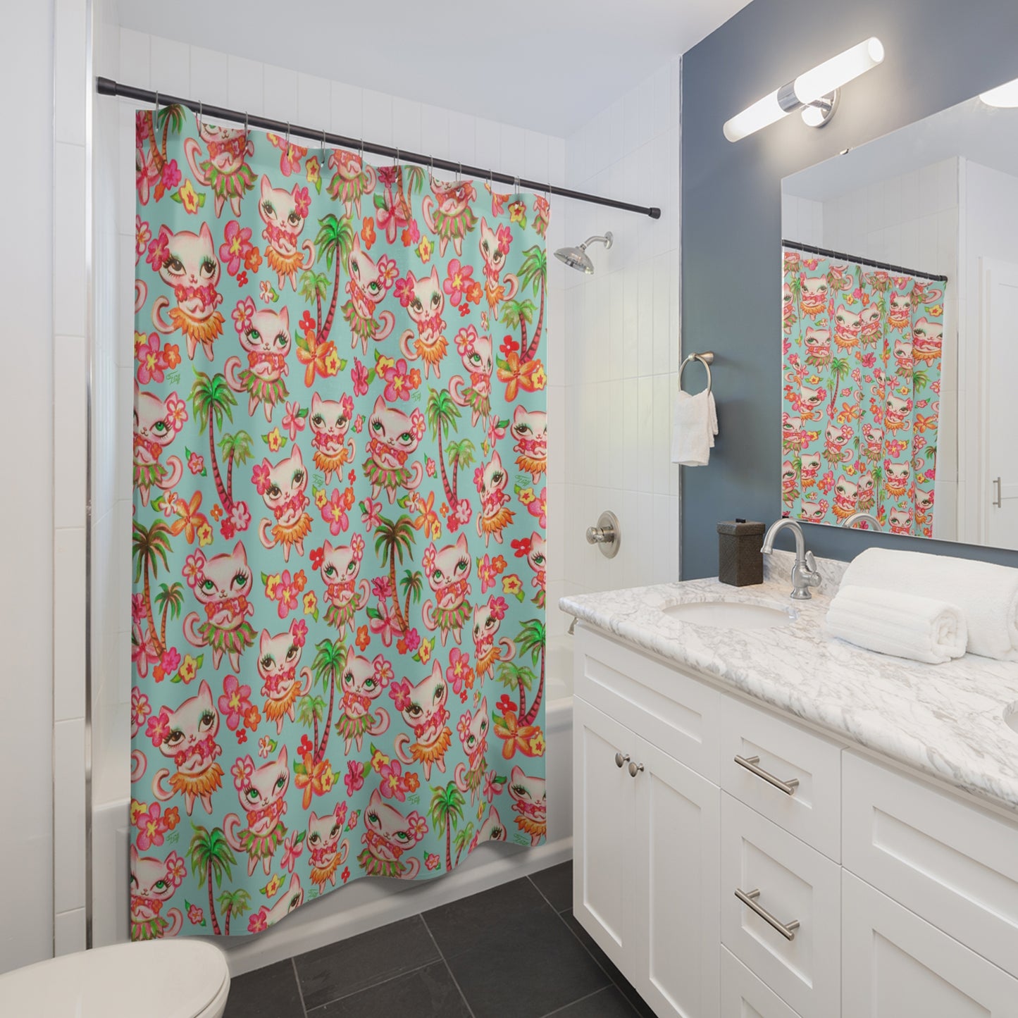 Hula Kitties Aqua • Shower Curtain