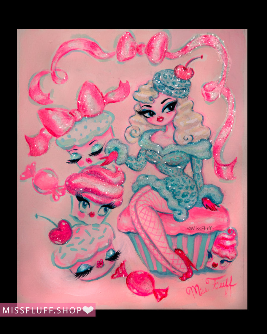 Blue Leopard Cupcake Doll - Original Drawing 8x10