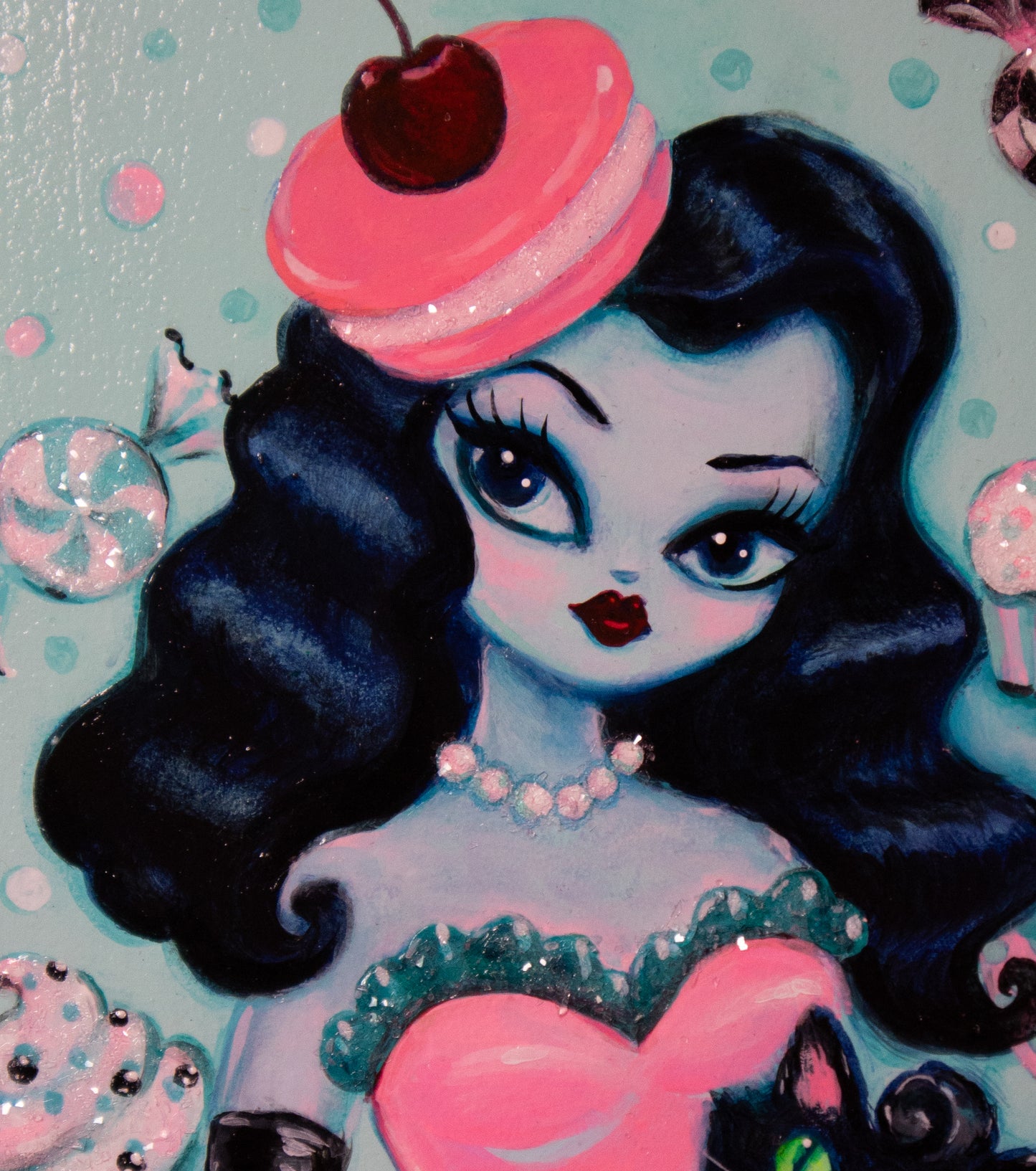 Cherry Macaron Beret Doll • Original Framed Painting 10x12