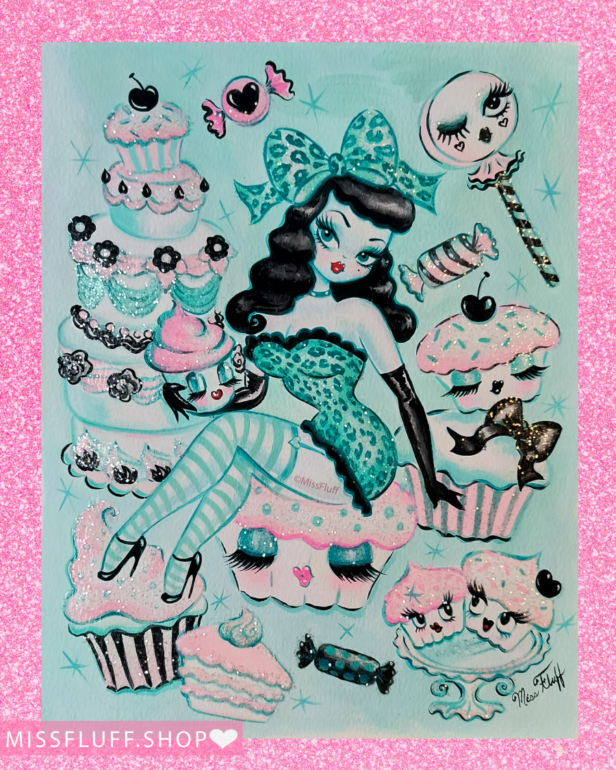 Raven Dolly Sitting on a Cupcake • Original Drawing 11x14