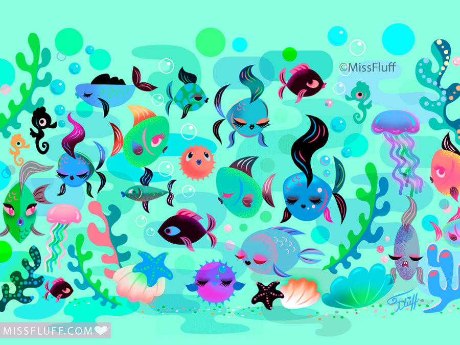 Mid Mod Fishies on Aqua • Art Print