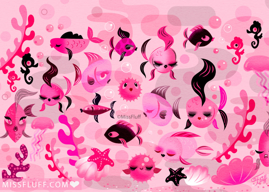 Mid Mod Fishies on Pink • Art Print