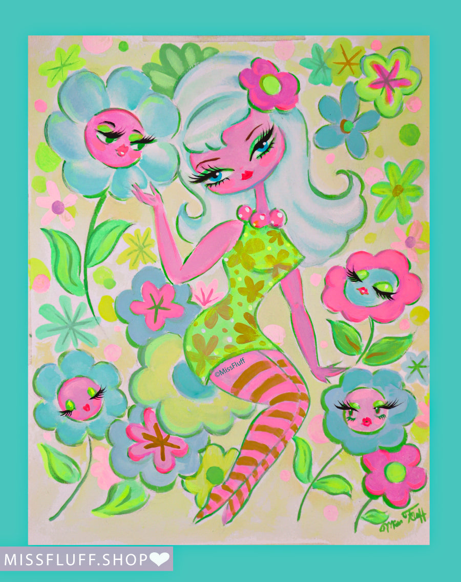 Mod Flower Pixie in Blue Green & Violet • Original Drawing 8x10