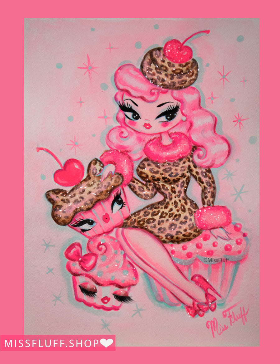 Leopard Print Cupcake Doll - Original Drawing 9x12