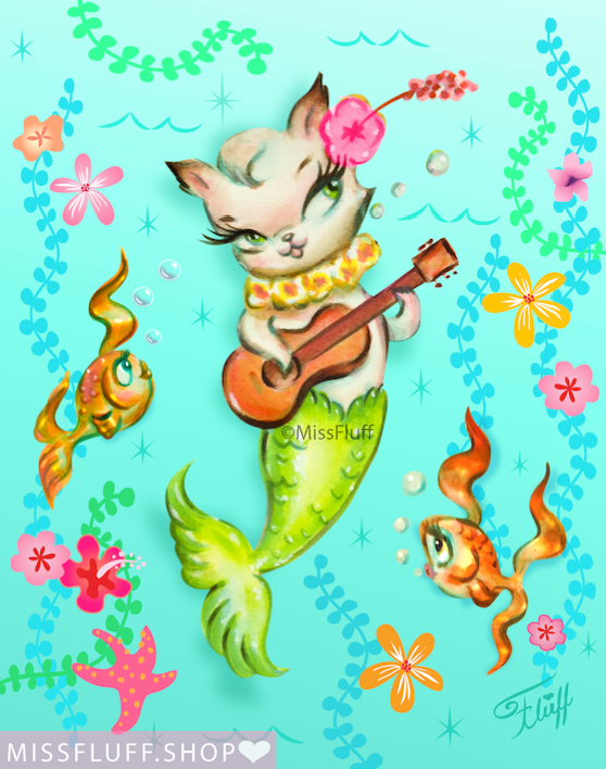 Merkitten with Ukulele • Art Print