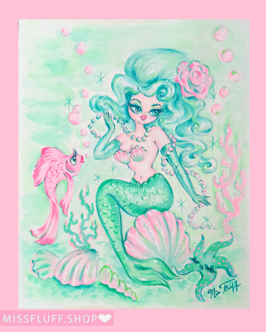 Mermaid in Pinks and Mints- Original Drawing 8x10
