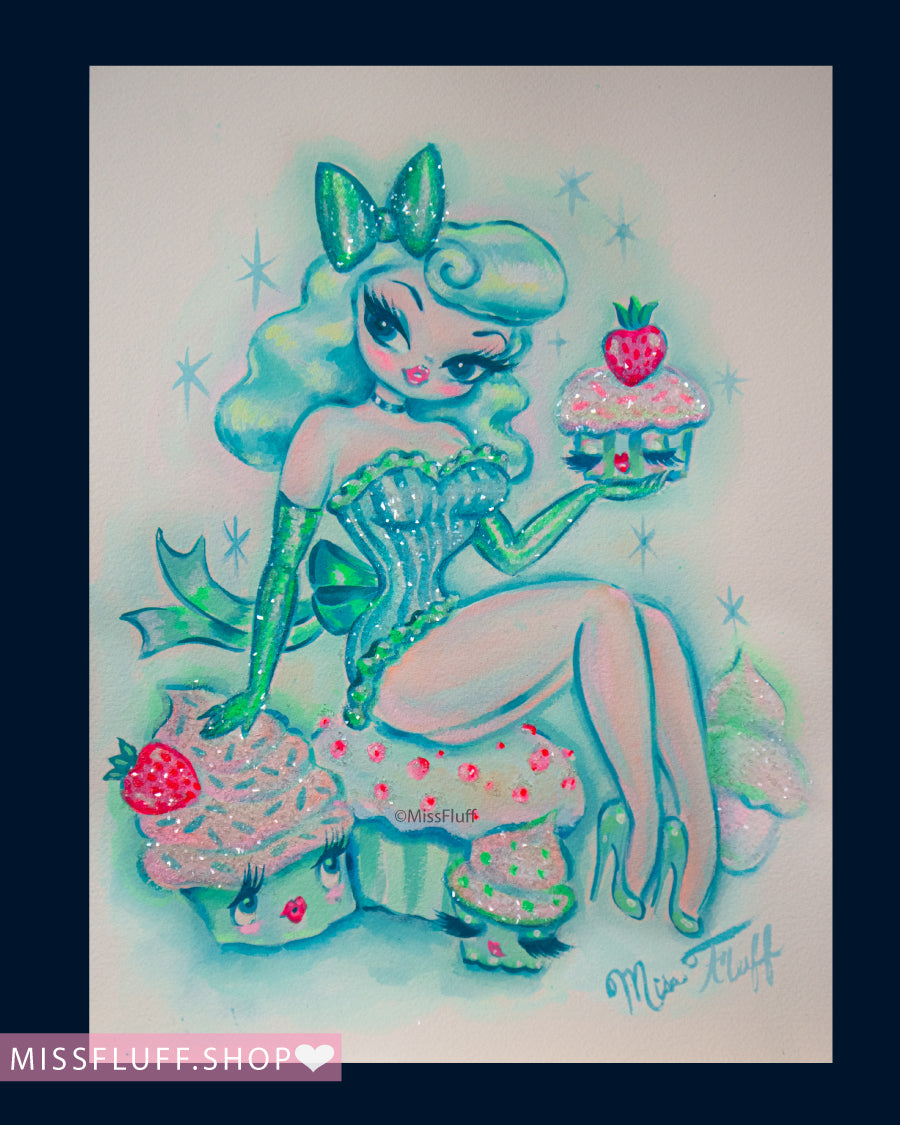 Mint Cupcake Doll - Original Drawing 9x12
