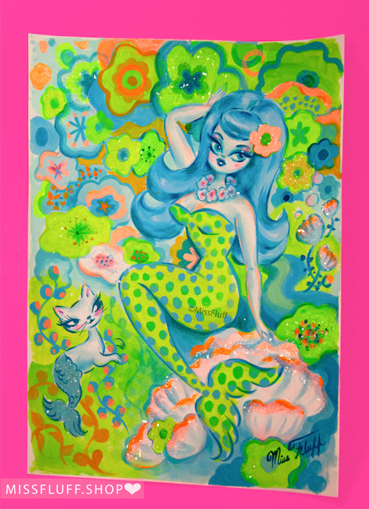 Mod Mermaid in Chartruese and polka dots- Original Drawing 9x12