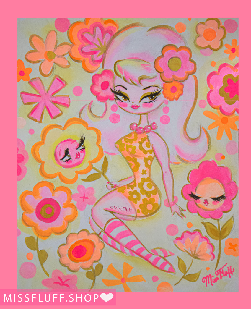 Mod Flower Pixie in Orange Pink & Yellow • Original Drawing 8x10