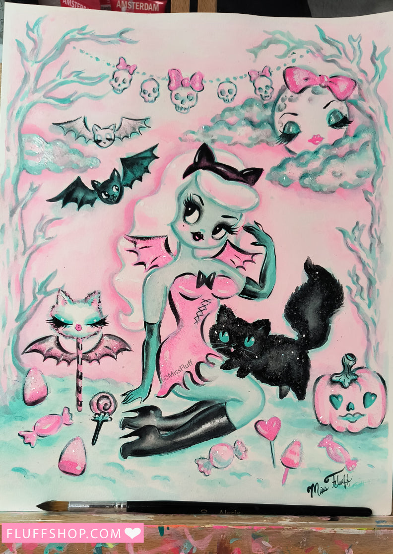 Pastel Candy Vampire with Kitty • Original Drawing 11x14