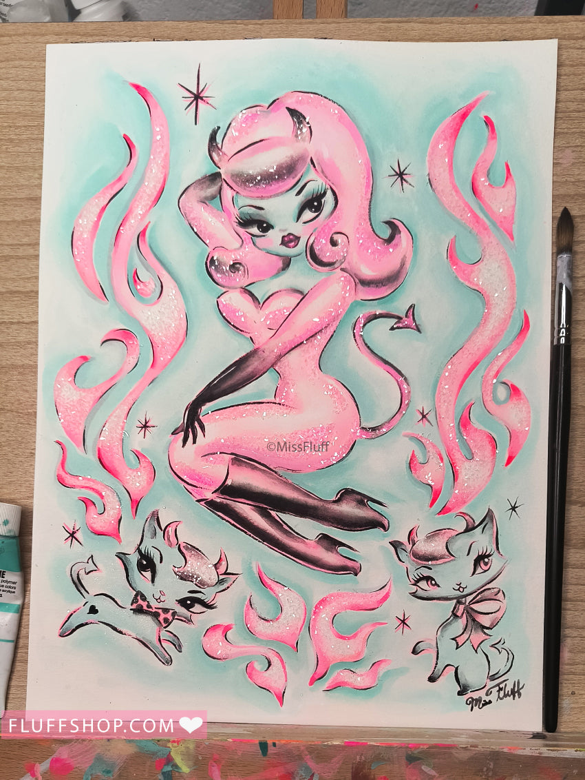 Candy Pink She Devil with Kitties • Original Drawing 9x12
