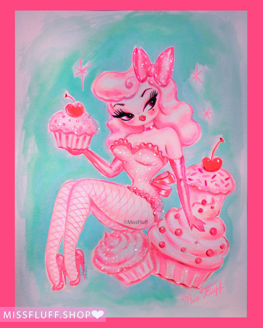 Cupcake Doll in Pinks on Mint - Original Drawing 9x12