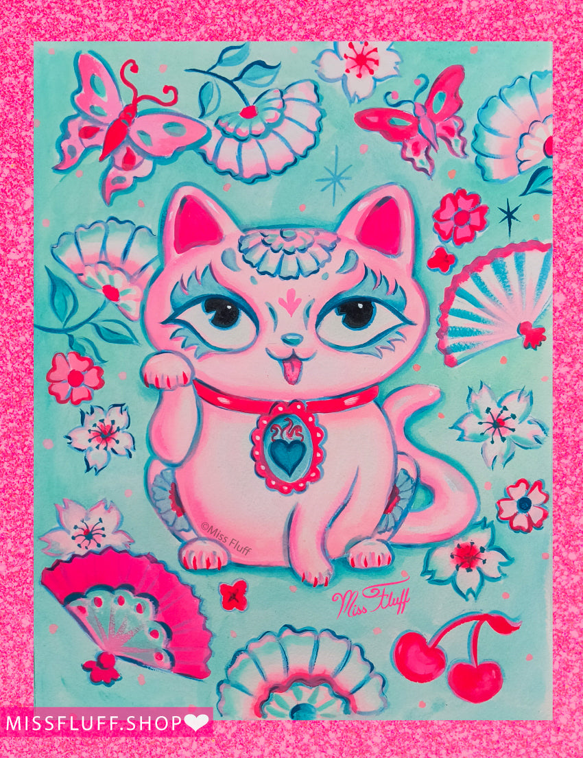 Pink Lucky Kitty - Original Drawing 9x12