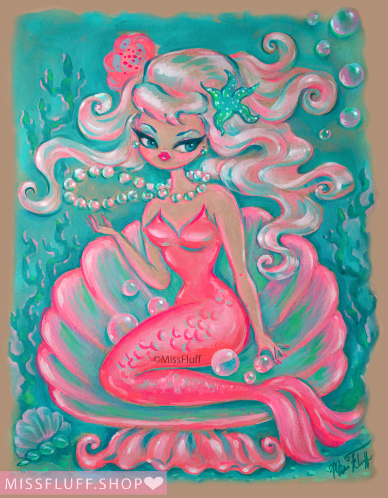 Pink Pixie Mermaid with Pearls • Art Print