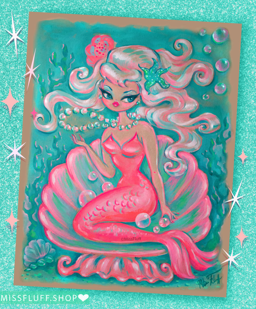 Pixie Mermaid with Pearls • Signed & Glittered • Limited Edition Fine Art Giclee Print