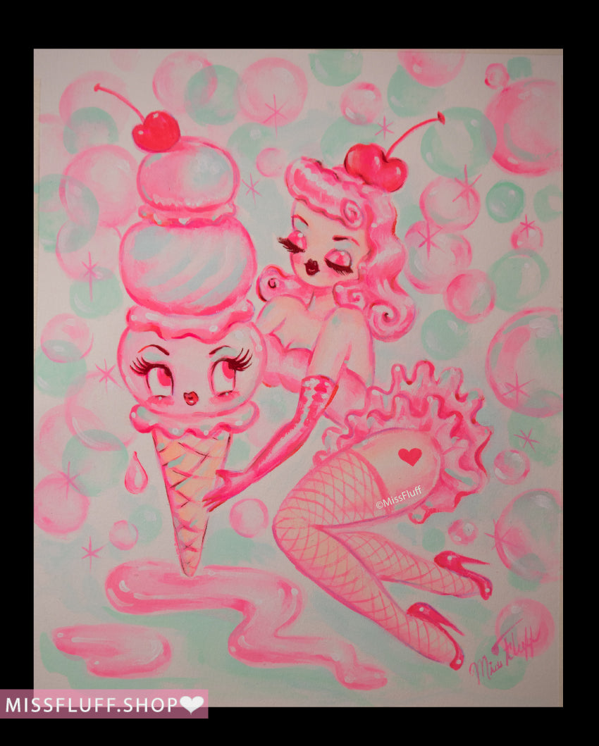 Pink Sherbert Ice Cream Dolly • Original Drawing 8x10