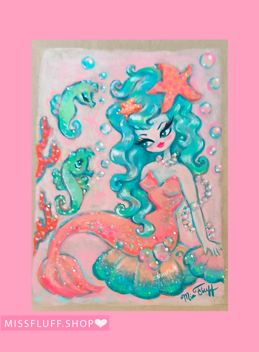 Pixie Mermaid in Turqouise and Peach- Original Drawing 5x7