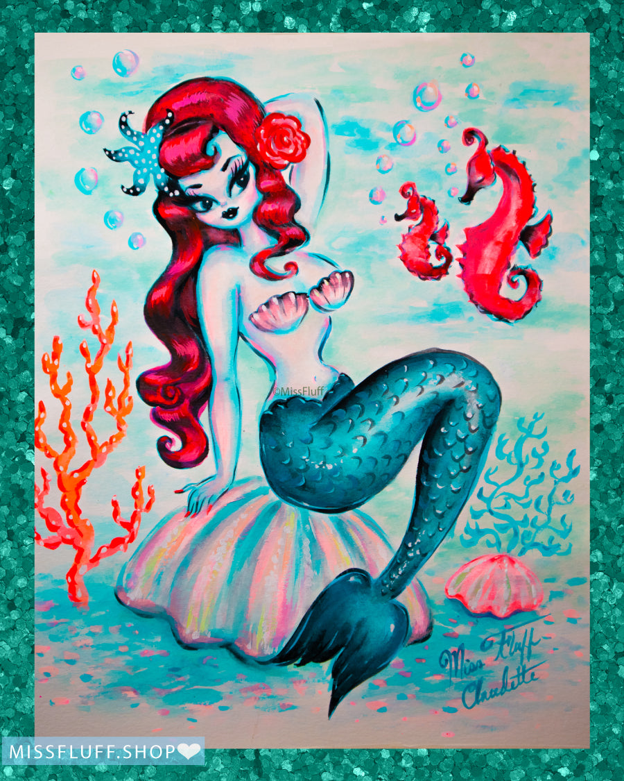 Redhead Mermaid on a Shell- Original Drawing 11x14