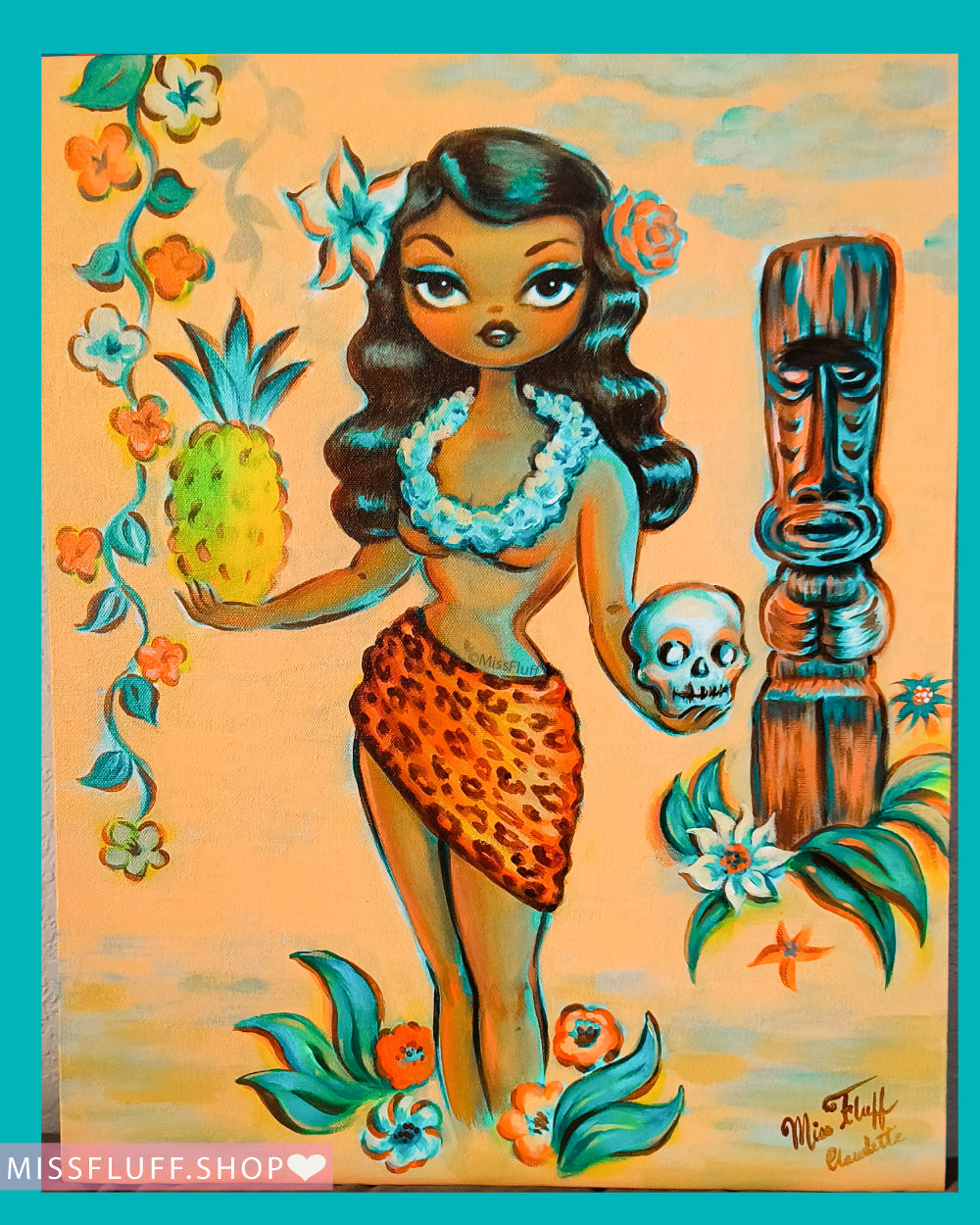 Tiki Temptress with Pineapple and Skull • Original Painting 16x20