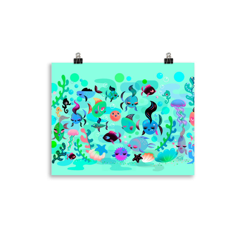 Mid Mod Fishies on Aqua • Art Print