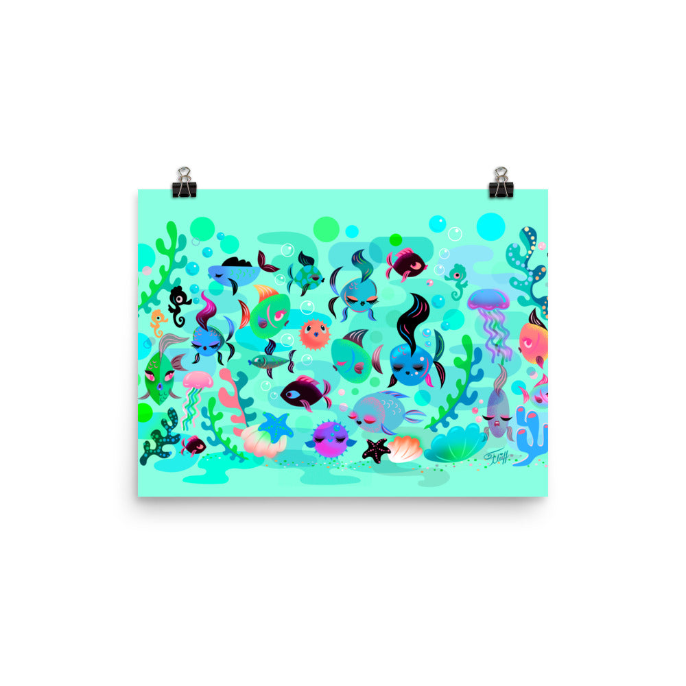 Mid Mod Fishies on Aqua • Art Print