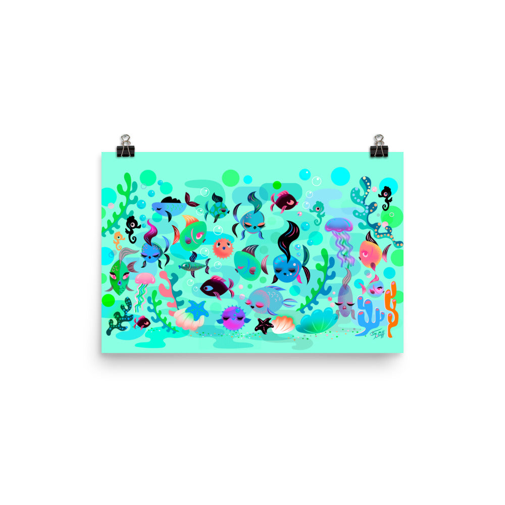 Mid Mod Fishies on Aqua • Art Print