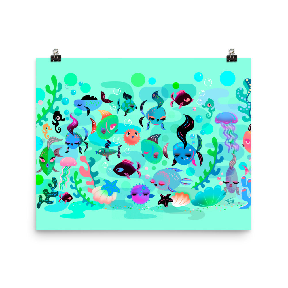 Mid Mod Fishies on Aqua • Art Print