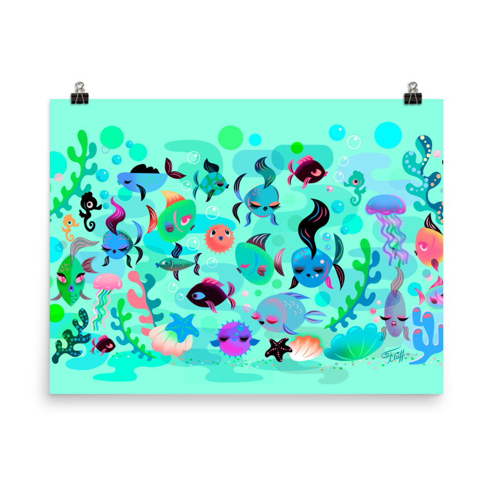 Mid Mod Fishies on Aqua • Art Print
