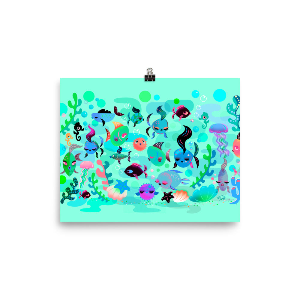 Mid Mod Fishies on Aqua • Art Print
