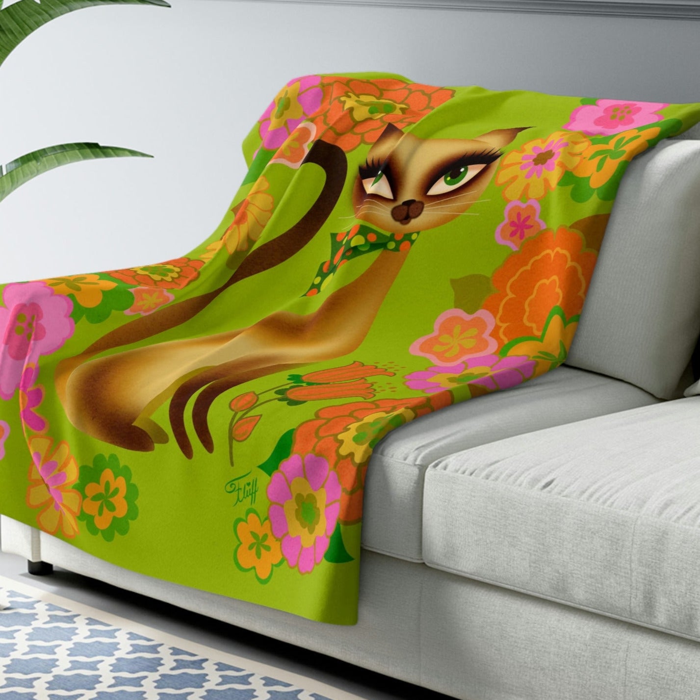 Siamese Mod Flower Kitty • Sherpa Fleece Blanket