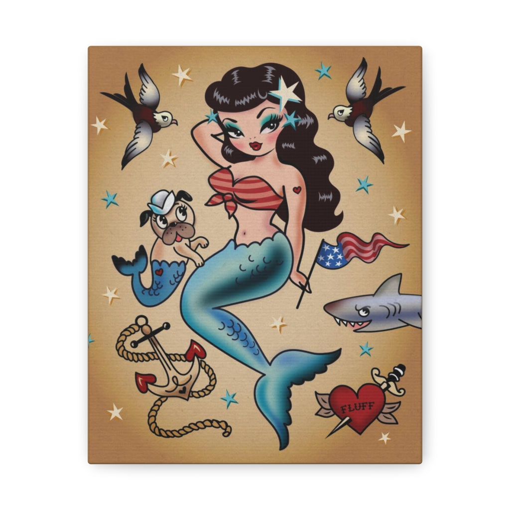 Patriotic Pinup Mermaid with Merpup • Canvas Gallery Wrap