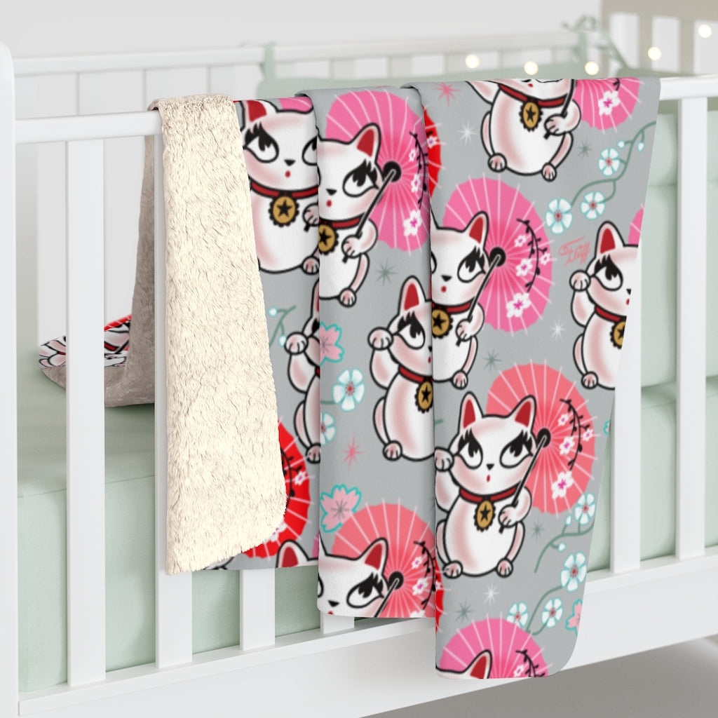 Kyoto Kitty Grey • Sherpa Fleece Blanket
