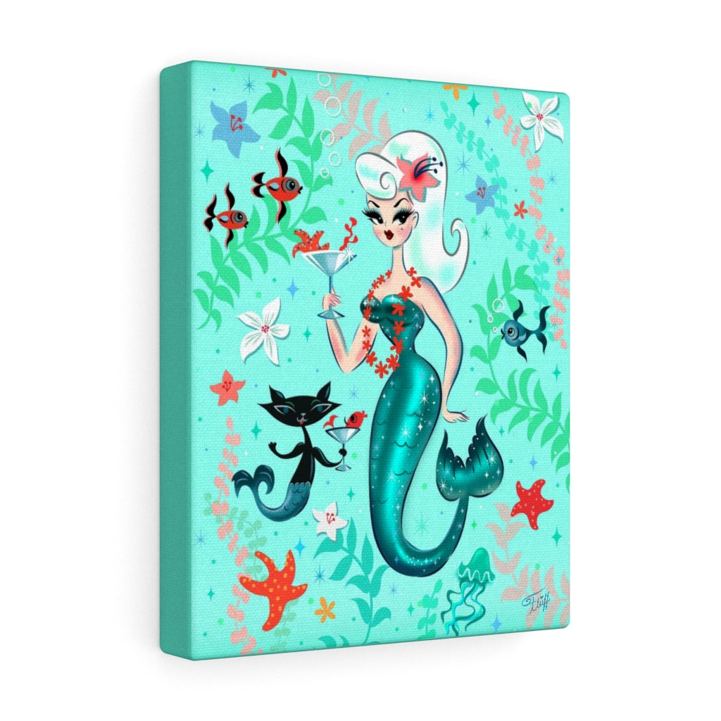 Blonde Martini Mermaid with Merkitten • Canvas Gallery Wrap