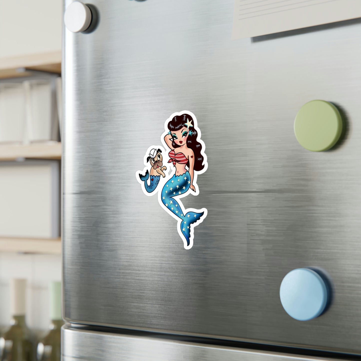 Patriotic Pinup Mermaid with Merpup • Kiss-Cut Vinyl Decals