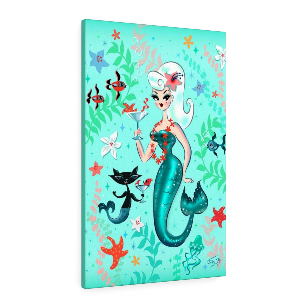 Blonde Martini Mermaid with Merkitten • Canvas Gallery Wrap