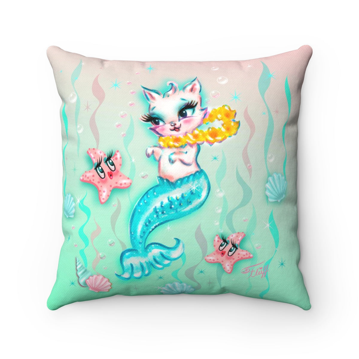 Merkitten with Lei and Starfish • Square Pillow