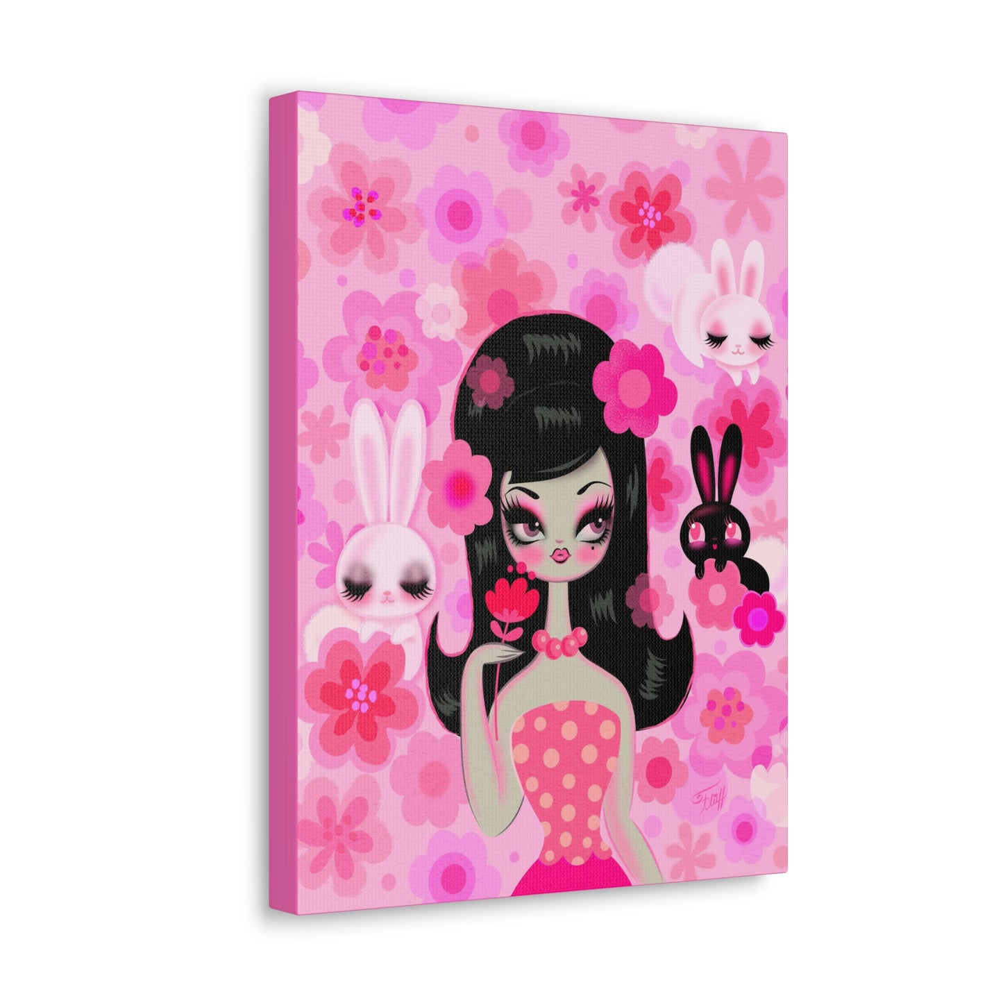 Mod Girl with Bunnies and Flowers • Canvas Gallery Wrap