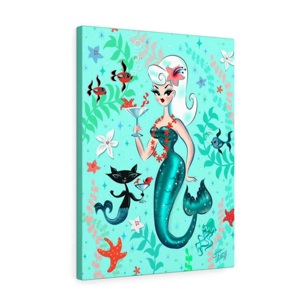 Blonde Martini Mermaid with Merkitten • Canvas Gallery Wrap