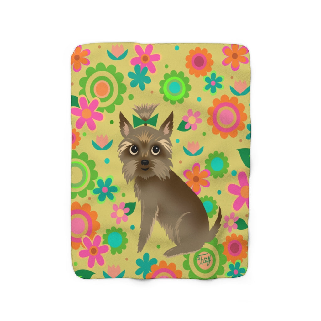 Yorkie with Mod Flowers • Sherpa Fleece Blanket