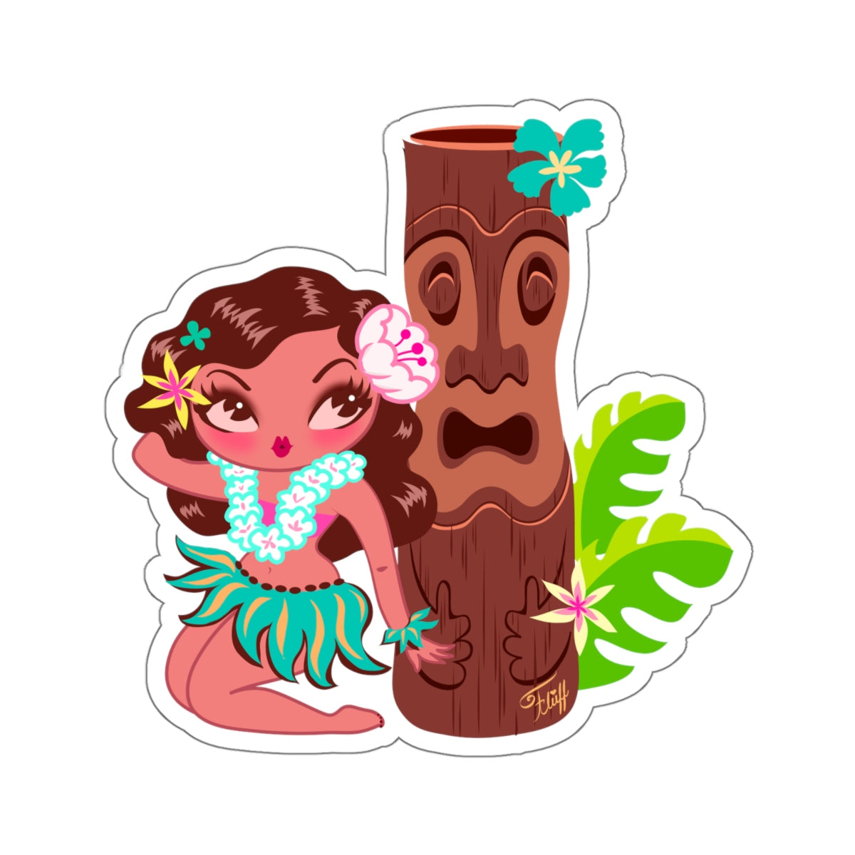 Hula Cutie with Tiki • Kiss-Cut Sticker