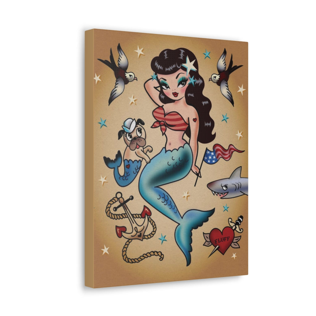 Patriotic Pinup Mermaid with Merpup • Canvas Gallery Wrap