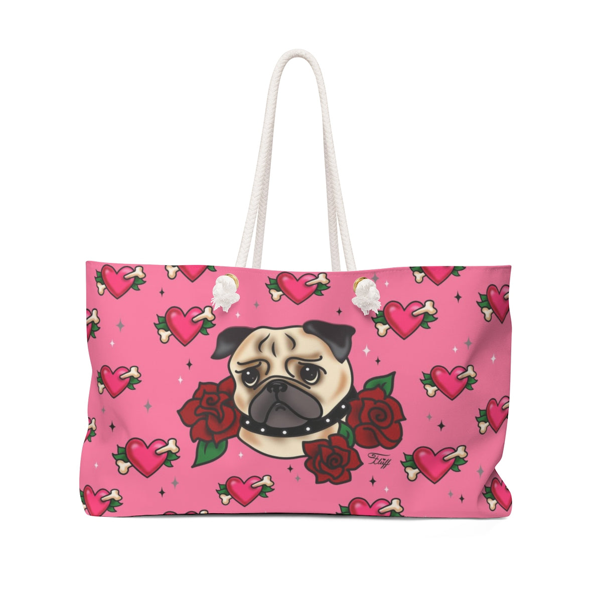 Tattoo Pug with Roses on Pink Weekender Bag