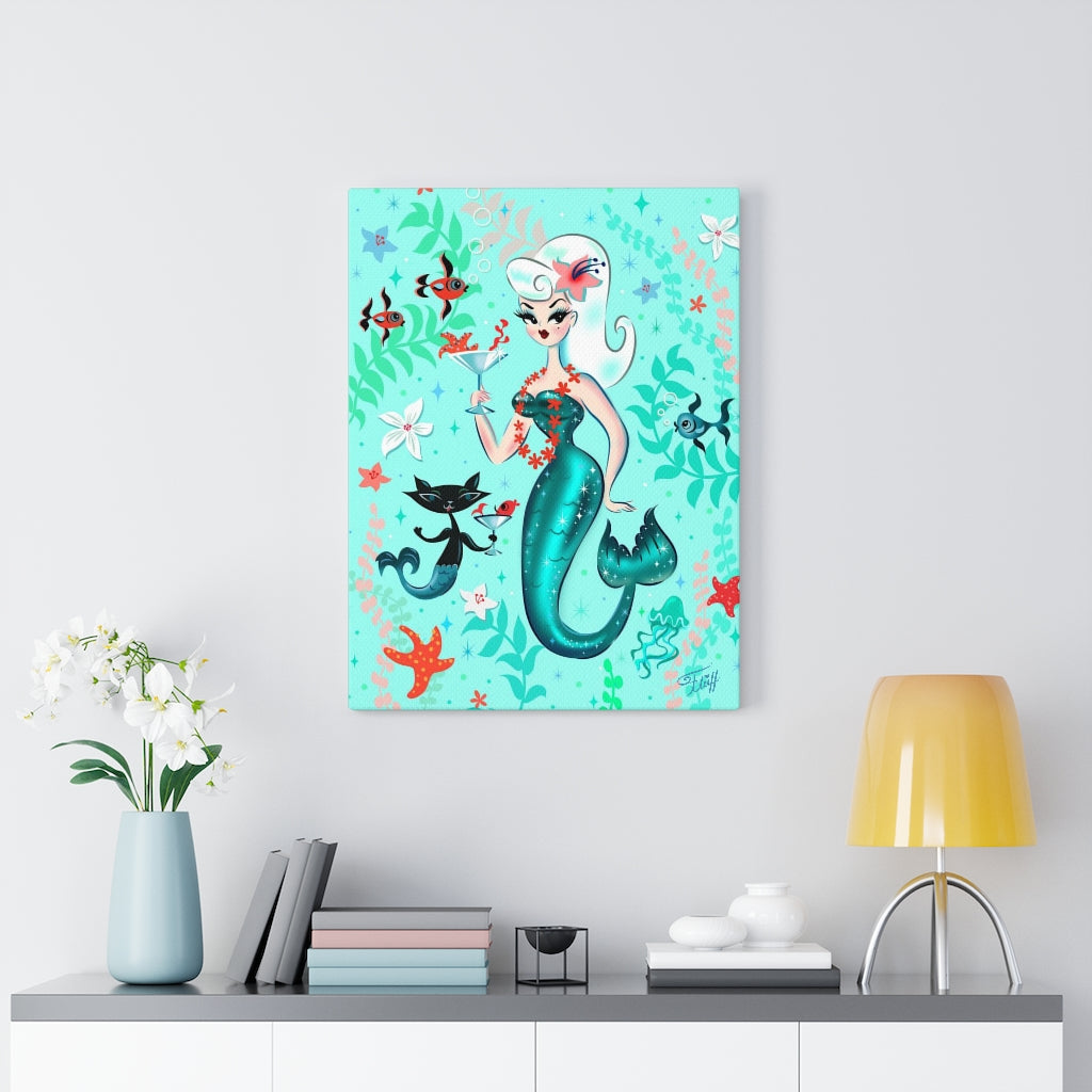 Blonde Martini Mermaid with Merkitten • Canvas Gallery Wrap