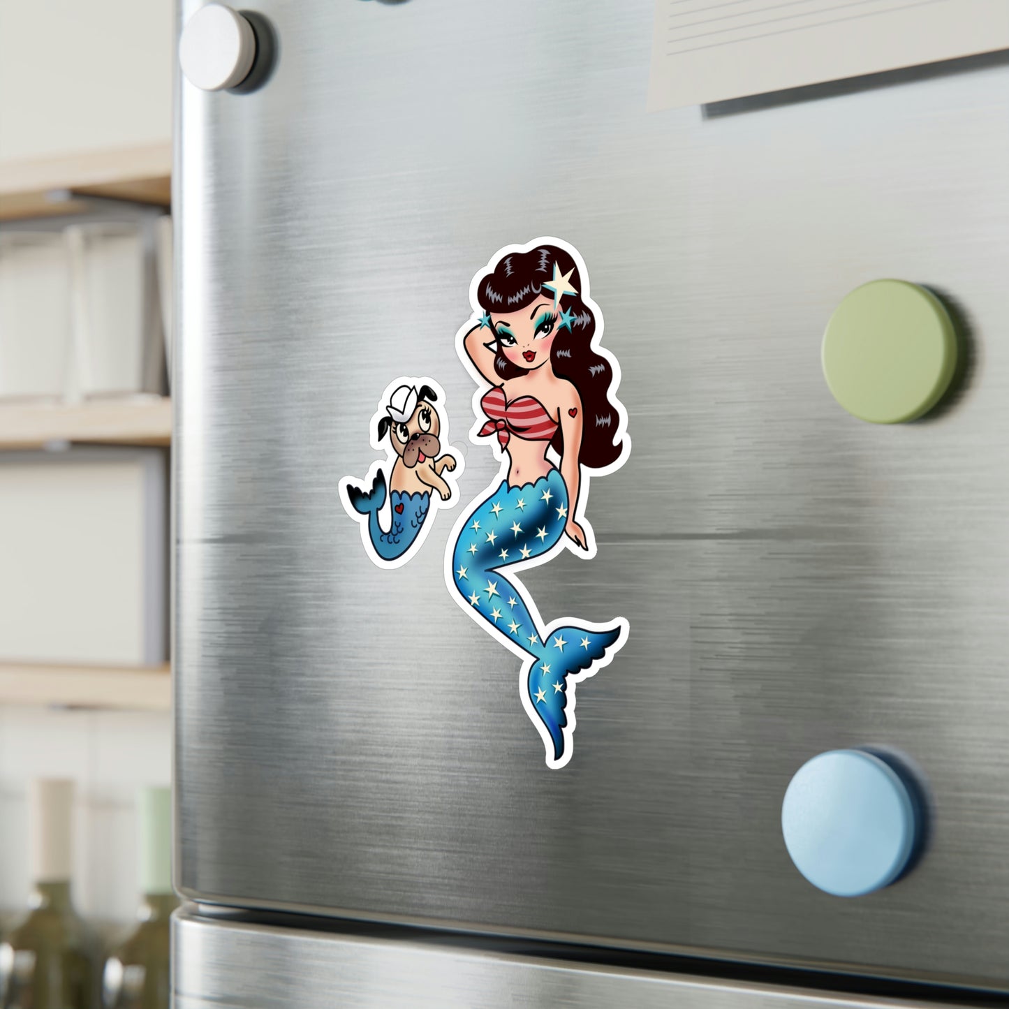 Patriotic Pinup Mermaid with Merpup • Kiss-Cut Vinyl Decals