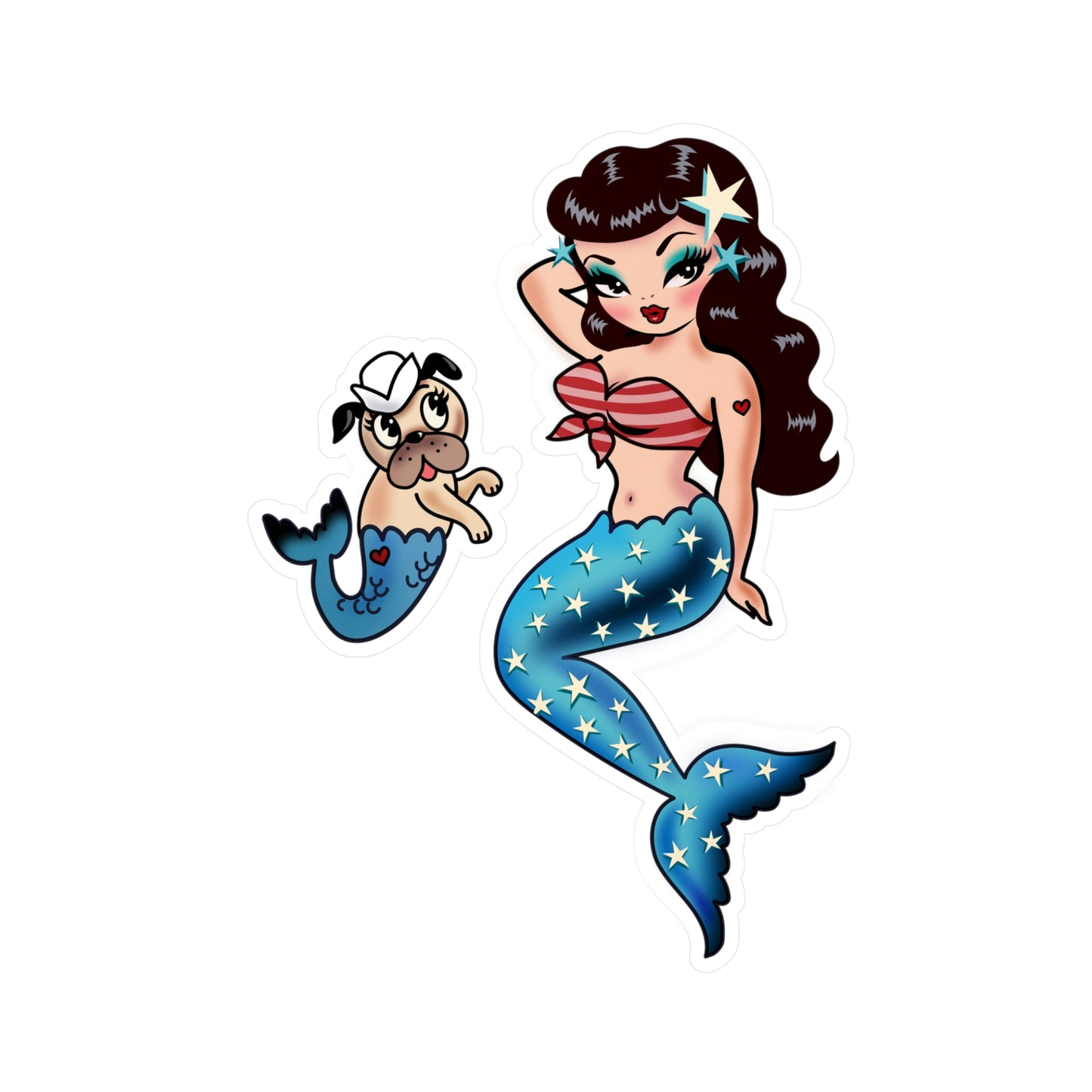 Patriotic Pinup Mermaid with Merpup • Kiss-Cut Vinyl Decals
