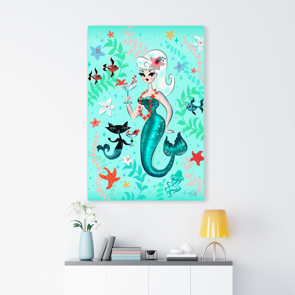 Blonde Martini Mermaid with Merkitten • Canvas Gallery Wrap