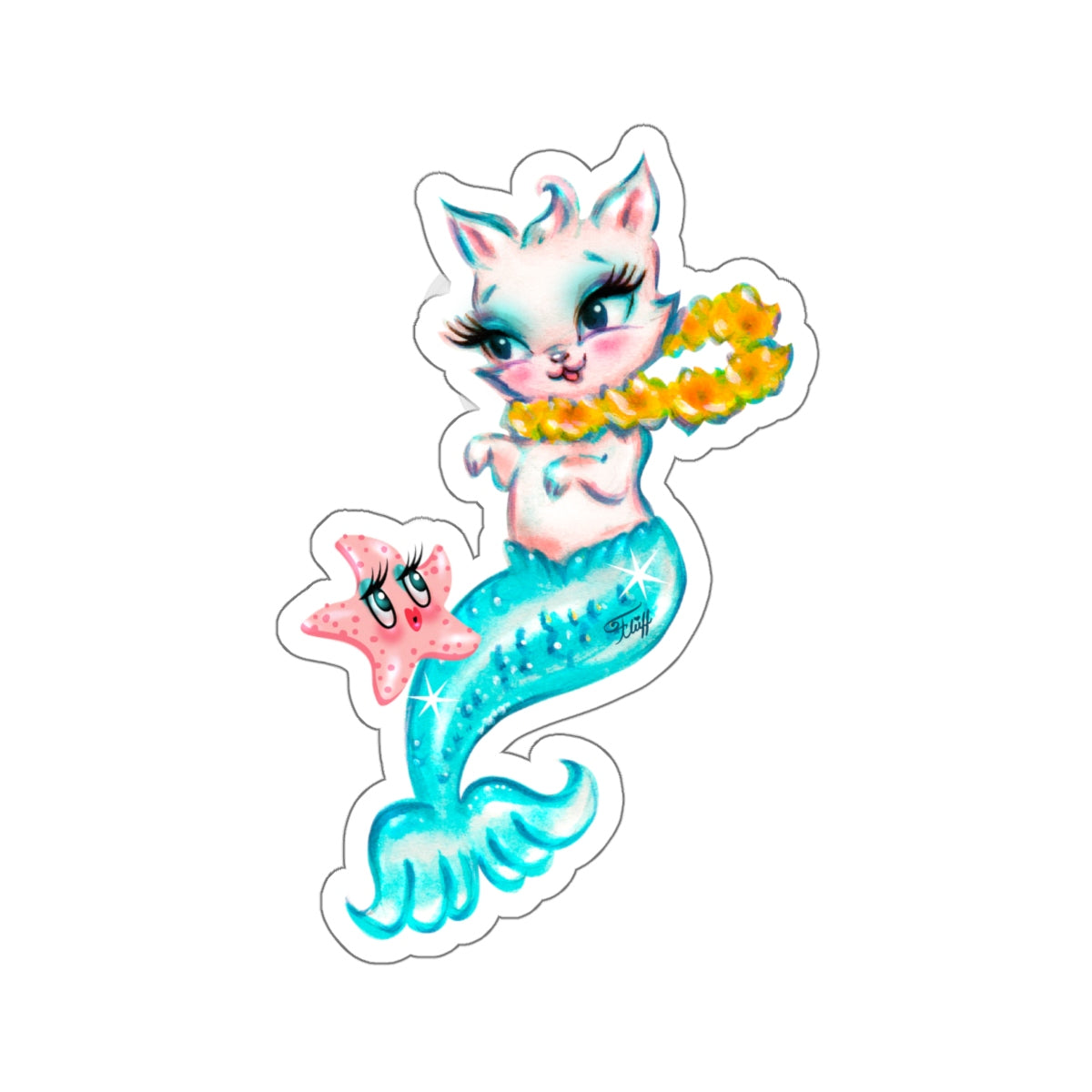 Merkitten with Lei and Starfish • Kiss-Cut Sticker