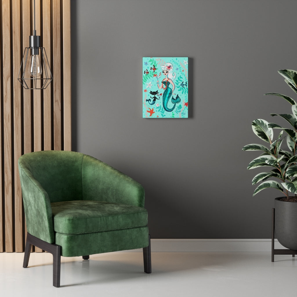 Blonde Martini Mermaid with Merkitten • Canvas Gallery Wrap