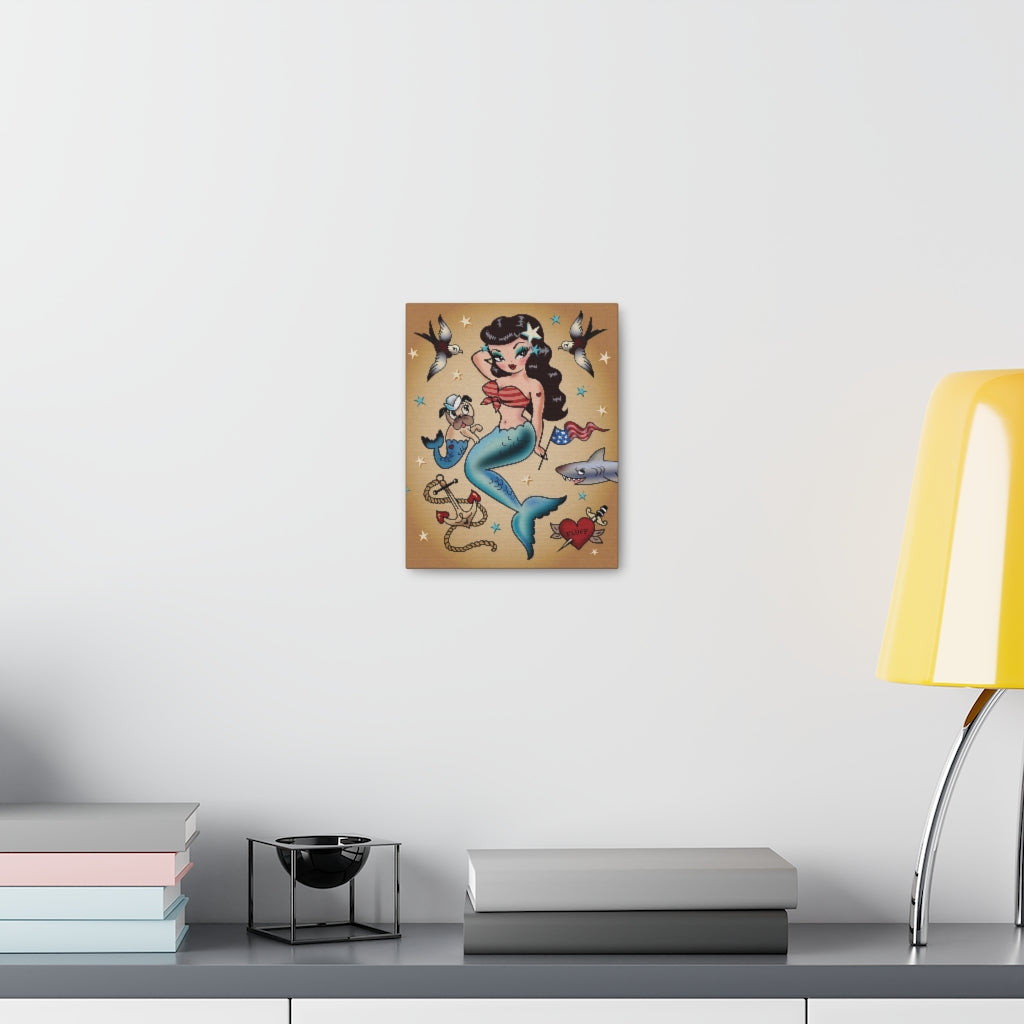 Patriotic Pinup Mermaid with Merpup • Canvas Gallery Wrap